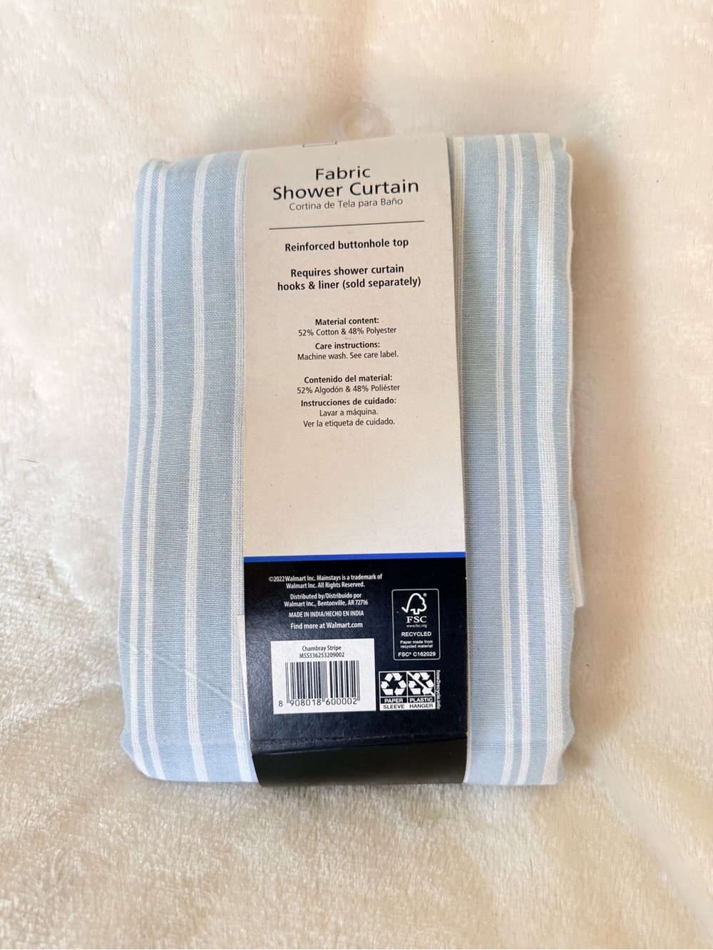 Mainstays Light Blue and White Chambray Stripe Fabric Shower Curtain